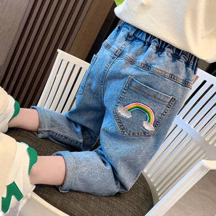 High Waist Jeans Girl Straight Loose Long Pants Spring and Autumn Print Jeans Fashion Kids Denim Trousers For 2-8 Years