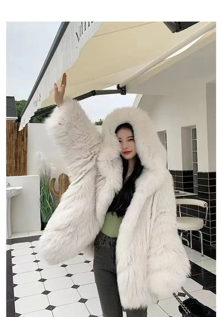 Imitation fox fur women's 2024 winter new style hooded loose slimming fur coat trendy street internet celebrity same style