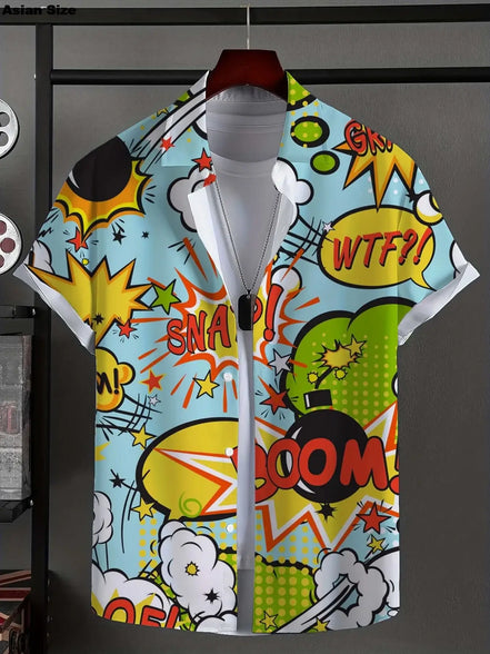 Men's Shirt Fashion Novel Graphic Tops Button Up Shirt Casual New Unisex Shirt Vacation Lapel Short Sleeves Shirt Graffiti Art