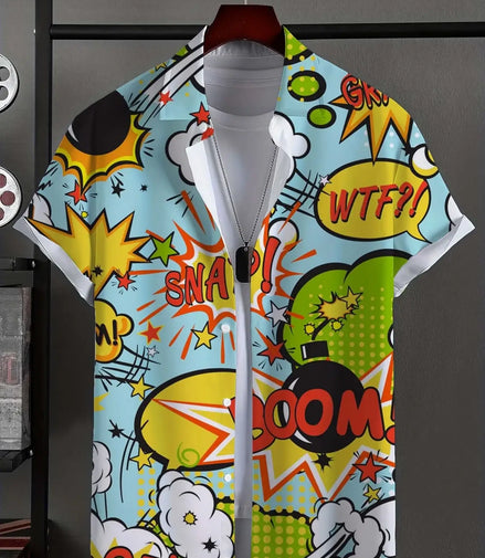 Men's Shirt Fashion Novel Graphic Tops Button Up Shirt Casual New Unisex Shirt Vacation Lapel Short Sleeves Shirt Graffiti Art