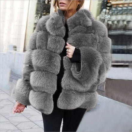 Women Faux Fur Fox Coats Short Coat Stand Collar Slim Fit Full Sleeve Elegant Splice Autumn Winter Thick Warm Open Stitch