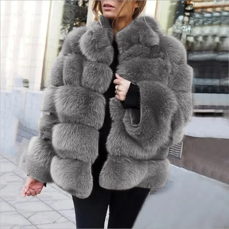 Women Faux Fur Fox Coats Short Coat Stand Collar Slim Fit Full Sleeve Elegant Splice Autumn Winter Thick Warm Open Stitch
