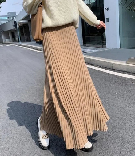 Knitted midi skirt women's A-line skirt high waist wide span mid length skirt