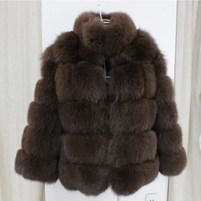 Women Faux Fur Fox Coats Short Coat Stand Collar Slim Fit Full Sleeve Elegant Splice Autumn Winter Thick Warm Open Stitch