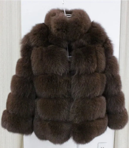 Women Faux Fur Fox Coats Short Coat Stand Collar Slim Fit Full Sleeve Elegant Splice Autumn Winter Thick Warm Open Stitch