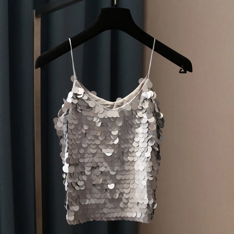 Fashion Women Sequined Tank Top New Sexy V Neck Strap Camis Club Girls Sequin Sleeveless Short Camisole Vest Tops SF792
