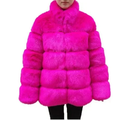 Women Faux Fur Fox Coats Short Coat Stand Collar Slim Fit Full Sleeve Elegant Splice Autumn Winter Thick Warm Open Stitch