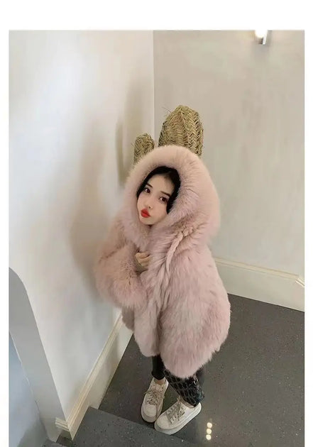 Imitation fox fur women's 2024 winter new style hooded loose slimming fur coat trendy street internet celebrity same style