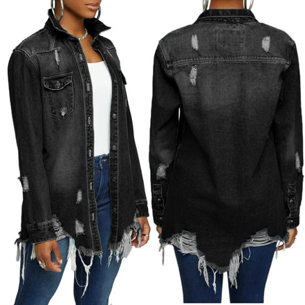 Women Jeans Jackets Spring Summer Ripped Denim Vintage Casual Denim Jacket Long Sleeve Female Chic Coat Streetwear 2024