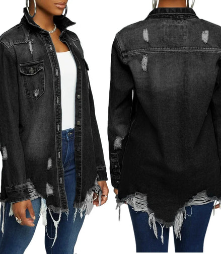 Women Jeans Jackets Spring Summer Ripped Denim Vintage Casual Denim Jacket Long Sleeve Female Chic Coat Streetwear 2024