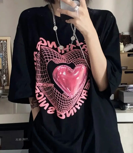 Oversized T Shirt Love Graphic T-shirts Women's New Cute Tees Couple Tshirt Streetwear Y2k Tops Harajuku Sweet Clothing