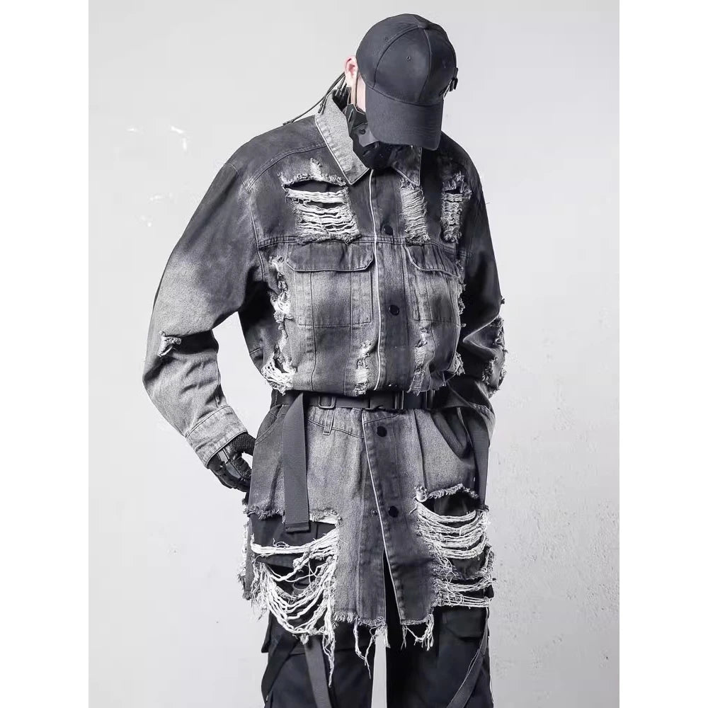 Vintage Ripped Hole Long Denim Jacket Mens Punk Distressed Denim Long Sleeve Shirt Coats 2025 Hip Hop Washed Jean Jackets