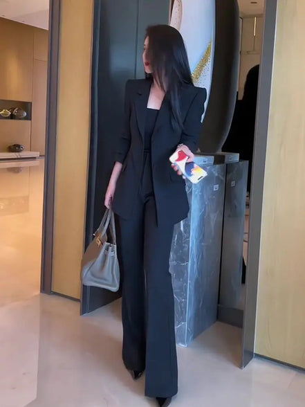 Blazer and Pant Sets for Women 2 Pieces Wear To Work Suits Autumn Winter Trousers Woman Office Professional Black Casual Elegant