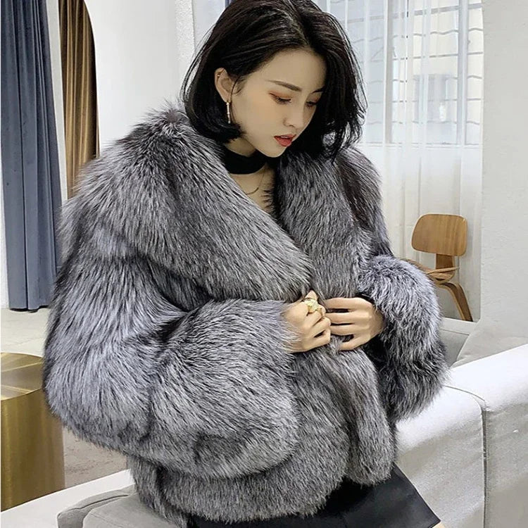 Women's fur coat short style fashion imitation fox hair whole fur coat autumn winter new casual lady jacket