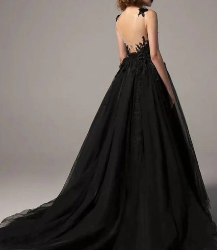 Black Evening Dresses Lace Applique Goethe Sheer Neck Sleeveless A Line Front Slit Formal Party Women Prom Gowns Custom made