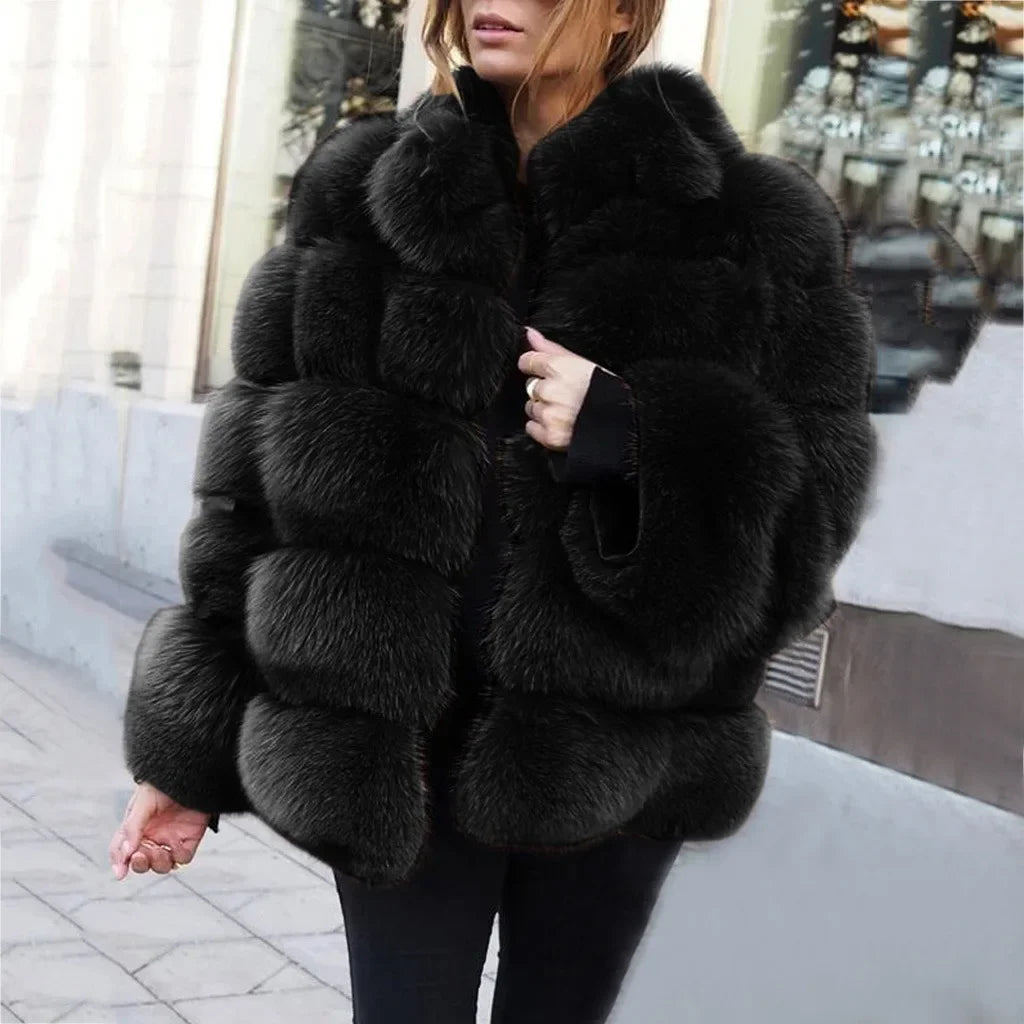 Women Faux Fur Fox Coats Short Coat Stand Collar Slim Fit Full Sleeve Elegant Splice Autumn Winter Thick Warm Open Stitch