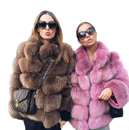 Women Faux Fur Fox Coats Short Coat Stand Collar Slim Fit Full Sleeve Elegant Splice Autumn Winter Thick Warm Open Stitch