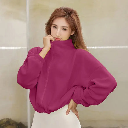 Women Loose Cropped Jacket Loose Zipper Sweatshirt Y2k Long Sleeve Coat Cardigan Sportswear Streetwear Drawstring Tops Clothing