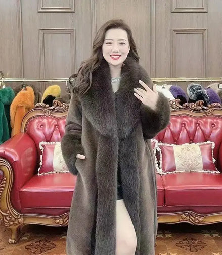 Faux Fur Coats Women Long Coat Thick Warm Turn Down Collar Open Stitch Spring Outerwear Jackets Elegant Splice Autumn Winter