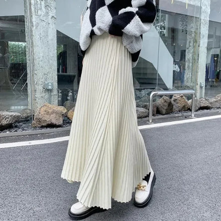 Knitted midi skirt women's A-line skirt high waist wide span mid length skirt
