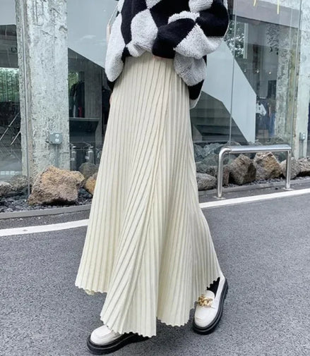 Knitted midi skirt women's A-line skirt high waist wide span mid length skirt