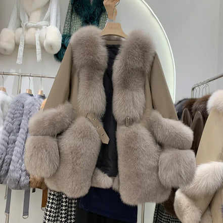 ZDFURS*Fox Fur Fur Coat Women's Mid-Length 2025  New Whole Leather Sheepskin Coat Fashionable Winter Slimming
