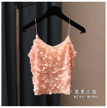 Fashion Women Sequined Tank Top New Sexy V Neck Strap Camis Club Girls Sequin Sleeveless Short Camisole Vest Tops SF792
