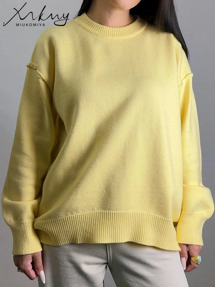 Oversized Fall Yellow Sweaters For Women 2025 Brown Crewneck Sweater Top Ladies Office Warm Knitted Woman Pullovers Winter Grey
