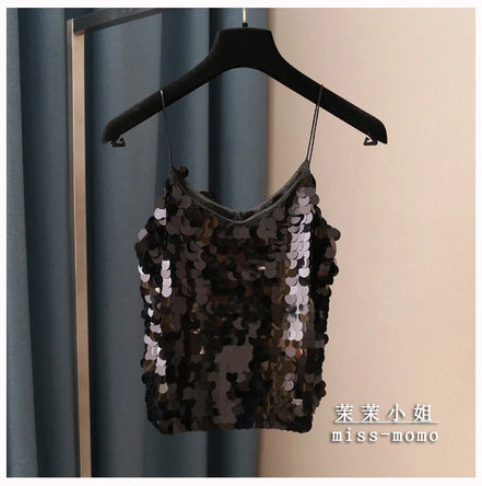 Fashion Women Sequined Tank Top New Sexy V Neck Strap Camis Club Girls Sequin Sleeveless Short Camisole Vest Tops SF792