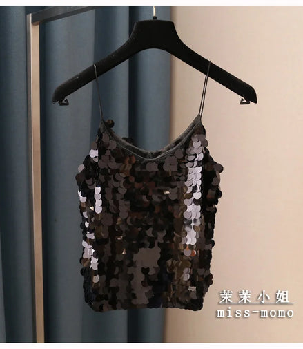 Fashion Women Sequined Tank Top New Sexy V Neck Strap Camis Club Girls Sequin Sleeveless Short Camisole Vest Tops SF792