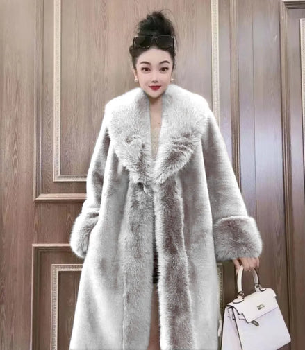 Faux Fur Coats Women Long Coat Thick Warm Turn Down Collar Open Stitch Spring Outerwear Jackets Elegant Splice Autumn Winter