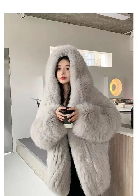 Imitation fox fur women's 2024 winter new style hooded loose slimming fur coat trendy street internet celebrity same style