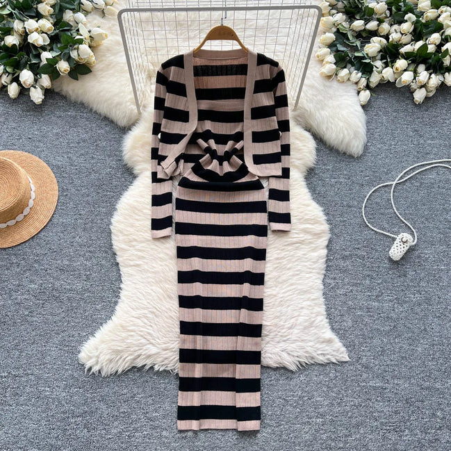 Dress Set Women Two Piece Sets Long Dresses Sling Vestidos Striped Sleeveless Elegant Streetwear Y2k Full Sleeve Tops Coats