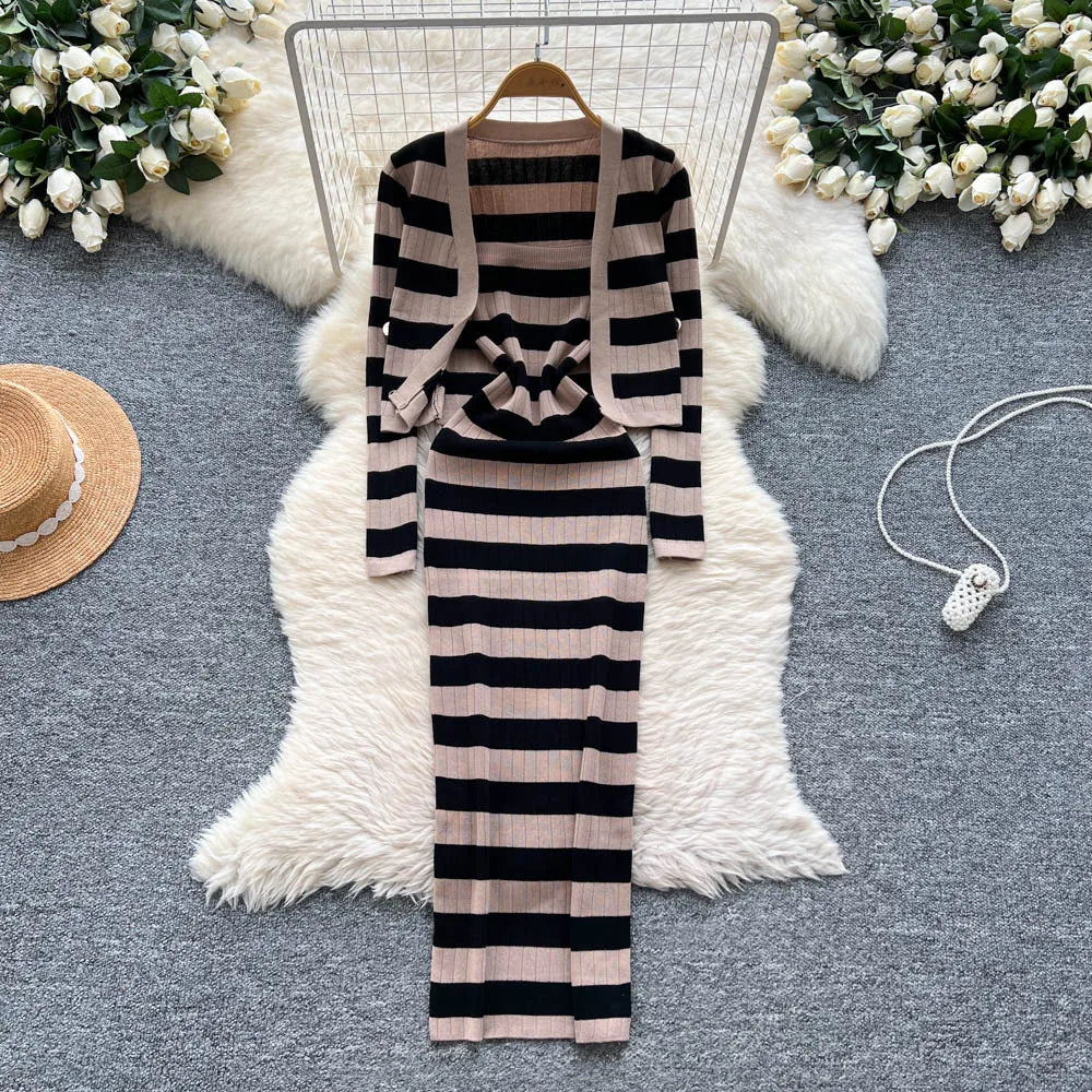 Dress Set Women Two Piece Sets Long Dresses Sling Vestidos Striped Sleeveless Elegant Streetwear Y2k Full Sleeve Tops Coats