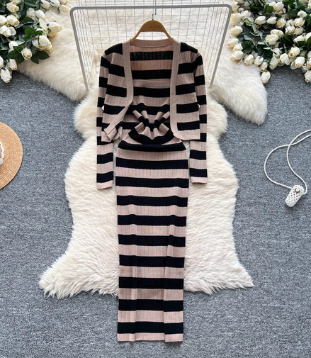 Dress Set Women Two Piece Sets Long Dresses Sling Vestidos Striped Sleeveless Elegant Streetwear Y2k Full Sleeve Tops Coats