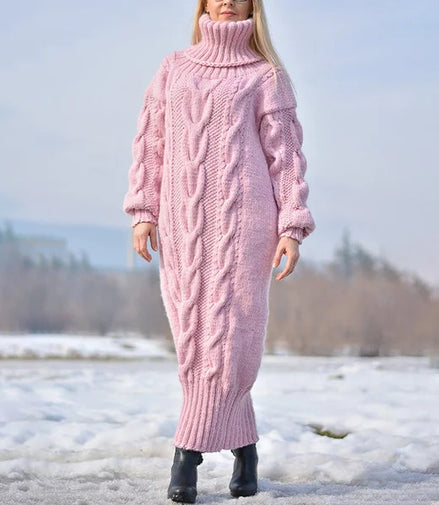 Sweater Dress Women Long Sleeve High Neck Knitted Pullover Dress Soft Warm Solid Color Oversize Bodycon Jumper Female Dress