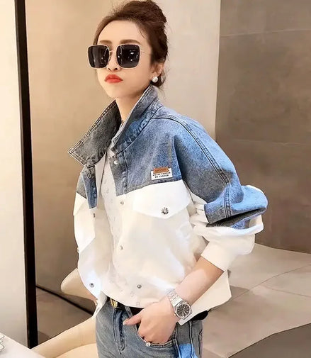 Vintage Denim Jacket Women Y2k Clothing Short Tops Korean Fashion Long Sleeve Loose Denim Patchwork Spring Autumn Jacket Casual