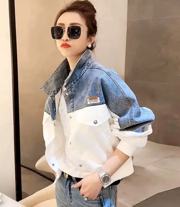 Vintage Denim Jacket Women Y2k Clothing Short Tops Korean Fashion Long Sleeve Loose Denim Patchwork Spring Autumn Jacket Casual