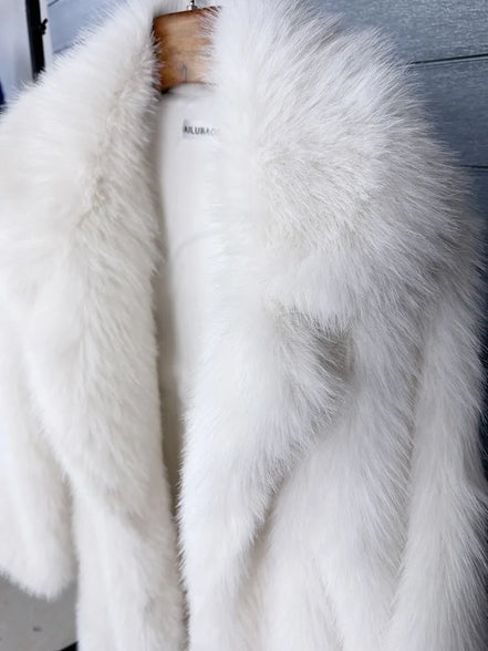 Long Faux Fur Coat Women Autumn Winter Large Jacket Overcoat White Turn Down Collar Pockets Thick Coat Warm Jackets Maxi Coats