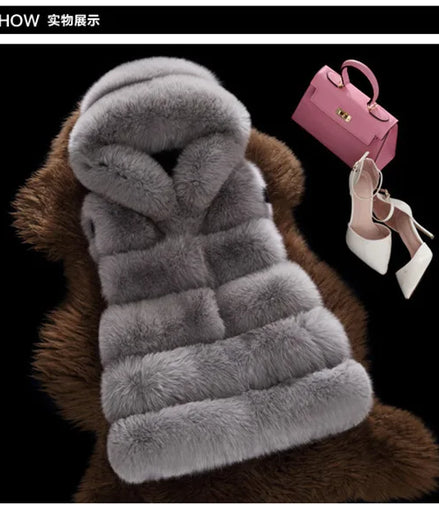 Faux Fox Fur Vest Coats Women Loose Mid Length Fur Jackets Hooded Sleeveless Thick Warm Fur Casual Slim Fit 2025 Autumn Winter