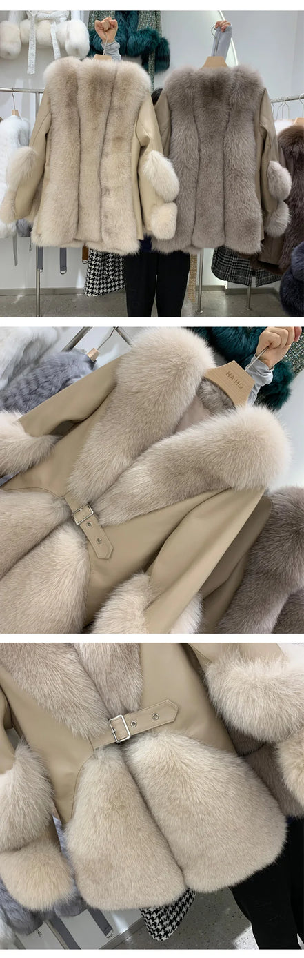 ZDFURS*Fox Fur Fur Coat Women's Mid-Length 2025  New Whole Leather Sheepskin Coat Fashionable Winter Slimming