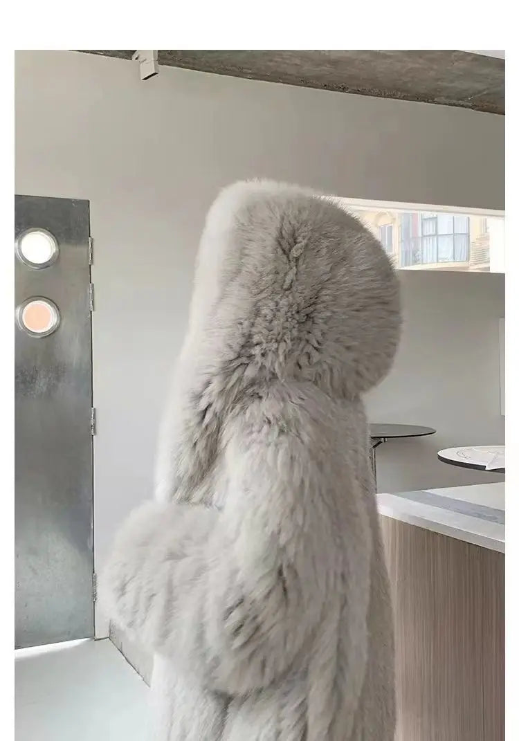 Imitation fox fur women's 2024 winter new style hooded loose slimming fur coat trendy street internet celebrity same style