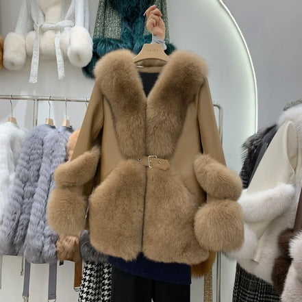 ZDFURS*Fox Fur Fur Coat Women's Mid-Length 2025  New Whole Leather Sheepskin Coat Fashionable Winter Slimming