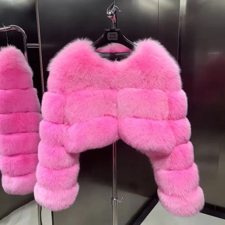 Women Faux Fox Fur Coat Solid Short Jacket V Neck Solid Long Sleeve Thick Warm Fur Office Lady Elegant Casual 2025 Autumn Winter