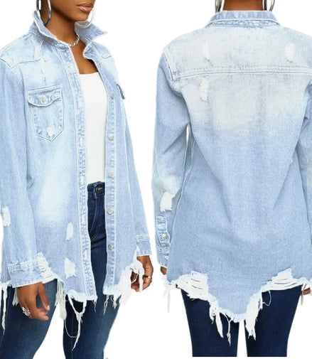 Women Jeans Jackets Spring Summer Ripped Denim Vintage Casual Denim Jacket Long Sleeve Female Chic Coat Streetwear 2024