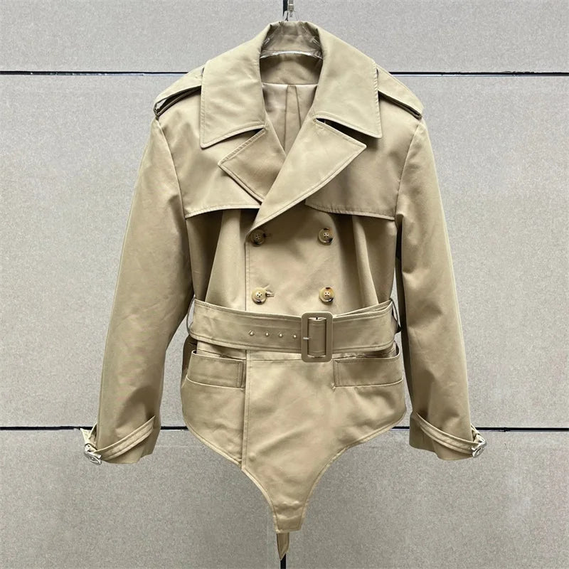 Women's jacket New outerwears summer 2025 double breasted lapel long sleeved top Belt slimming women's jumpsuit Pure cotton coat