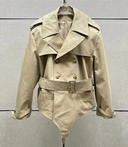 Women's jacket New outerwears summer 2025 double breasted lapel long sleeved top Belt slimming women's jumpsuit Pure cotton coat