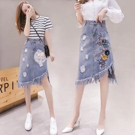 Jeans Skirts for Women Midi Woman Denim Skirt Chubby High Waist Fringe Cheap Clothing Sales Aesthetic A Line Modest Korean Style