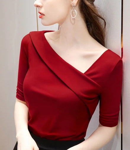 Woman's Clothing Basic T-Shirts Tops Lady Slim Short Sleeve Skew Collar Sheath Blouse Tops SS055