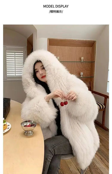 Imitation fox fur women's 2024 winter new style hooded loose slimming fur coat trendy street internet celebrity same style